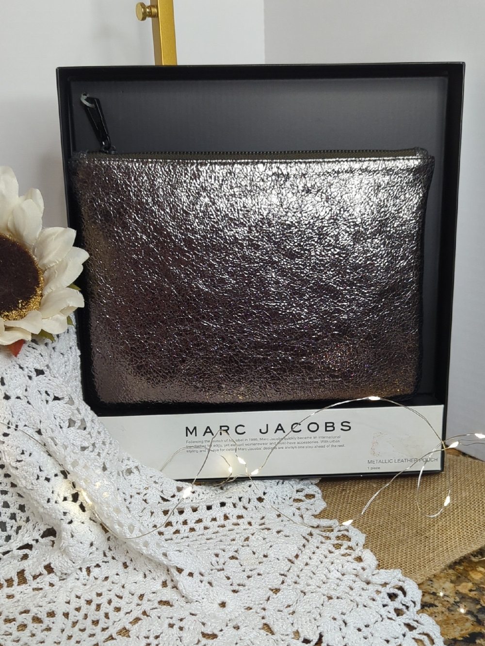 Marc Jacobs Metallic Leather Pouch - Pewter Shimmer, Gift Boxed